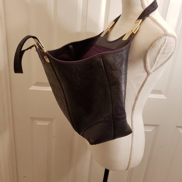 GUCCI leather tote Authentic Horesbit Embossed purple handbag Spacious Vintage - Picture 2 of 8